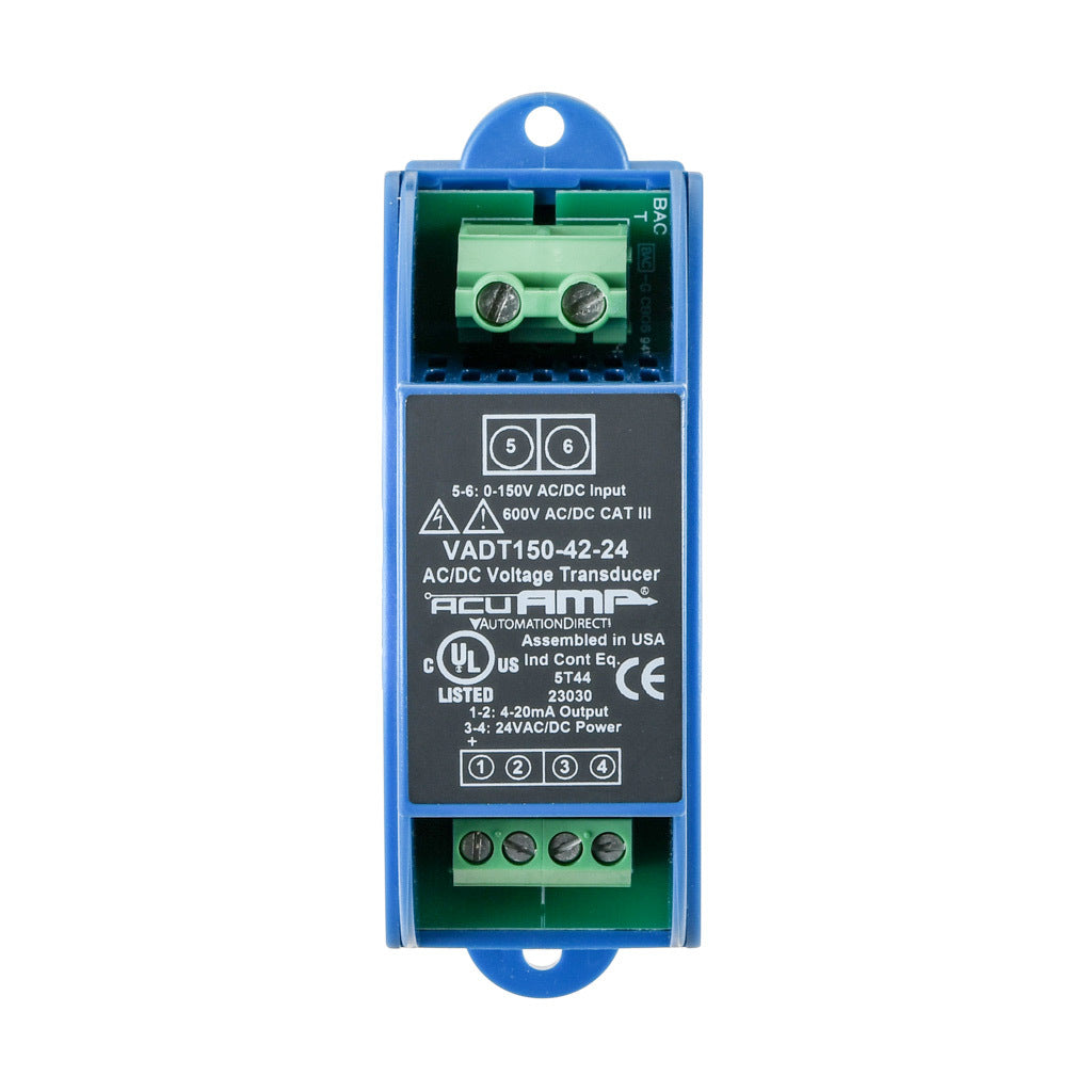 AcuAMP AC/DC voltage transducer, 1-phase, 0-150 VAC/VDC sensing range, True RMS, 4-20 mA output, 24 VAC/VDC operating voltage.-VADT150-42-24