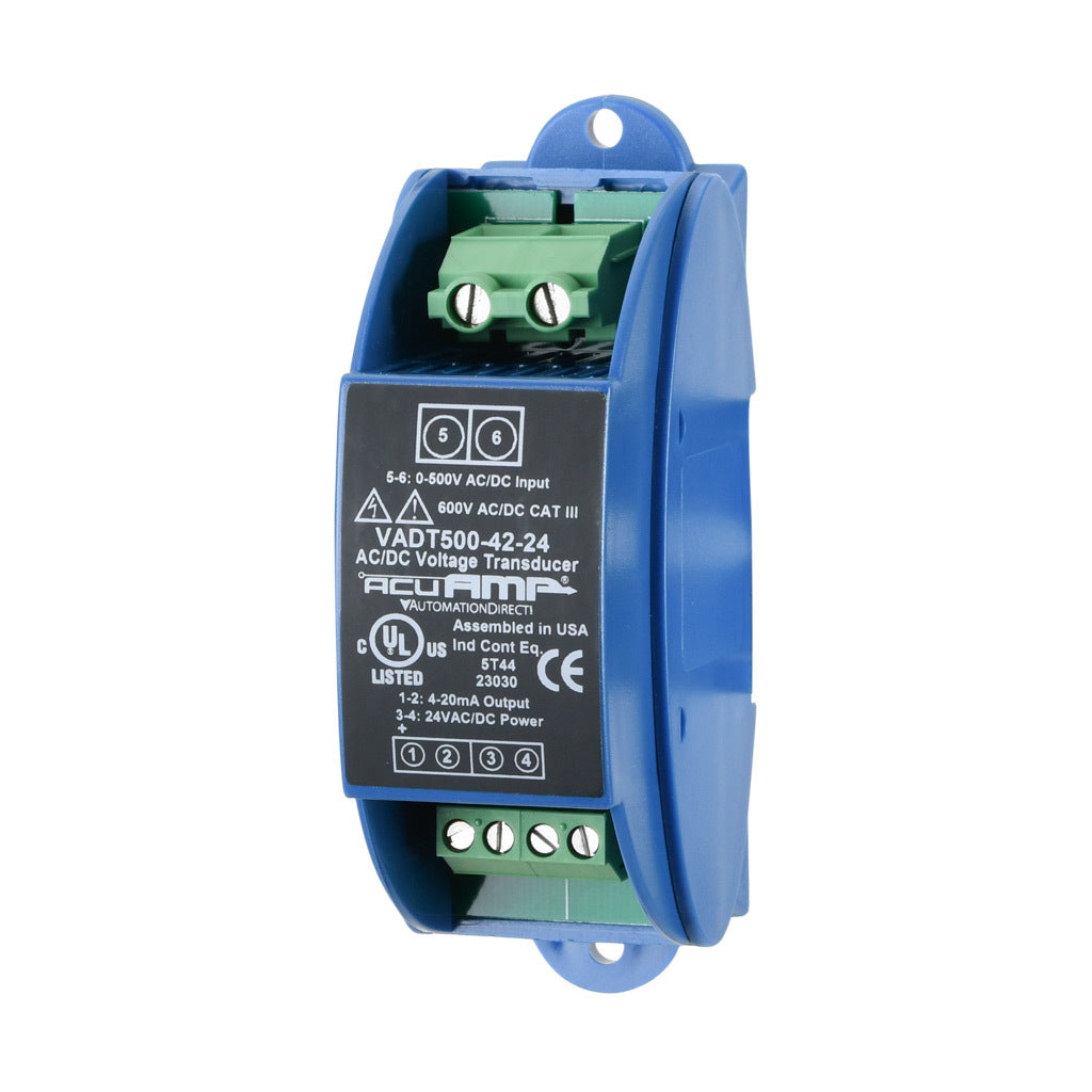 AcuAMP AC/DC voltage transducer, 1-phase, 0-500 VAC/VDC sensing range, True RMS, 4-20 mA output, 24 VAC/VDC operating voltage.-VADT500-42-24