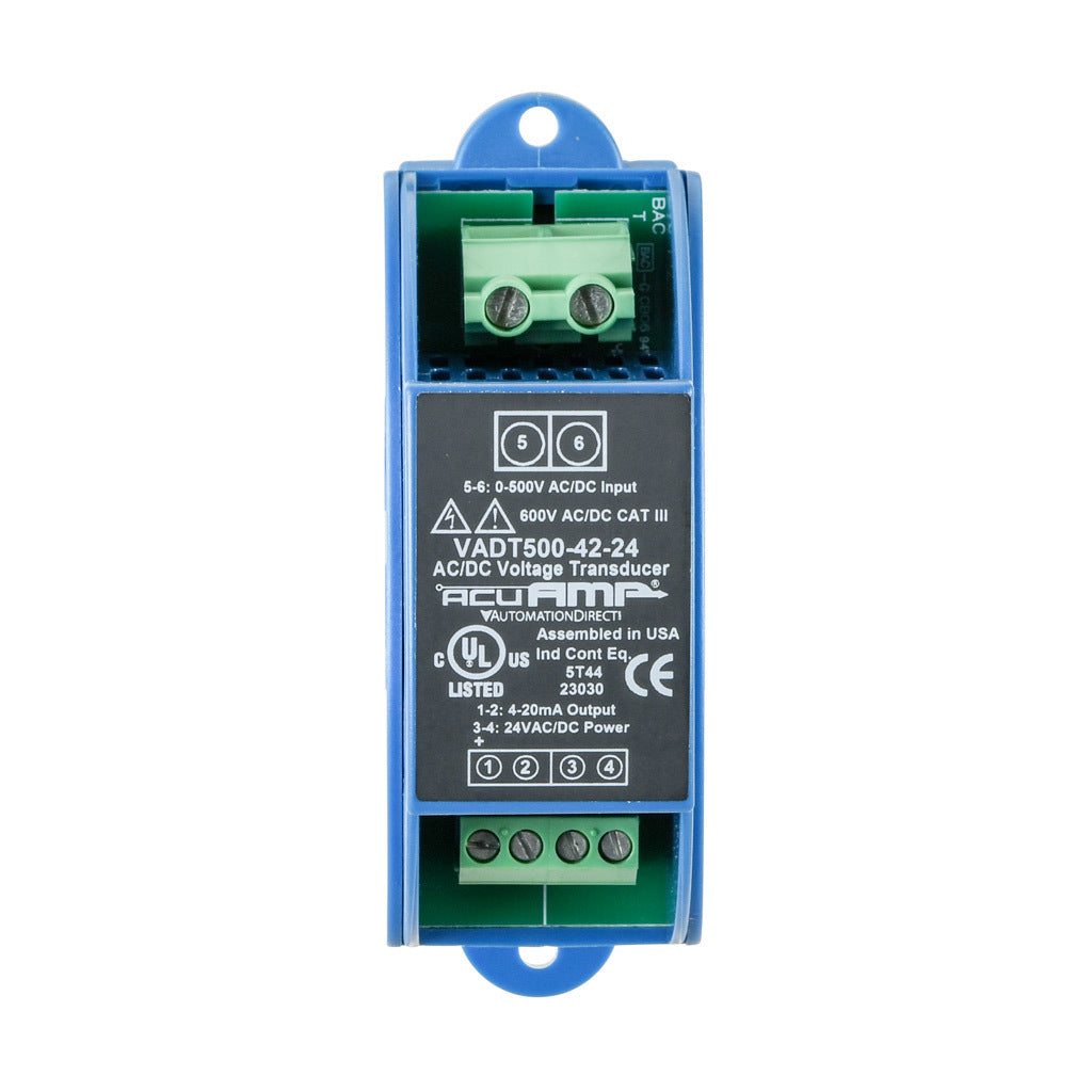 AcuAMP AC/DC voltage transducer, 1-phase, 0-500 VAC/VDC sensing range, True RMS, 4-20 mA output, 24 VAC/VDC operating voltage.-VADT500-42-24