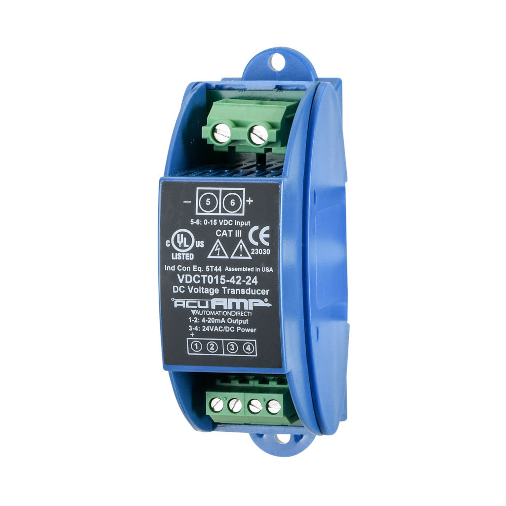 AcuAMP DC voltage transducer, 0-15 VDC sensing range, 4-20 mA output, 24 VAC/VDC operating voltage.-VDCT015-42-24