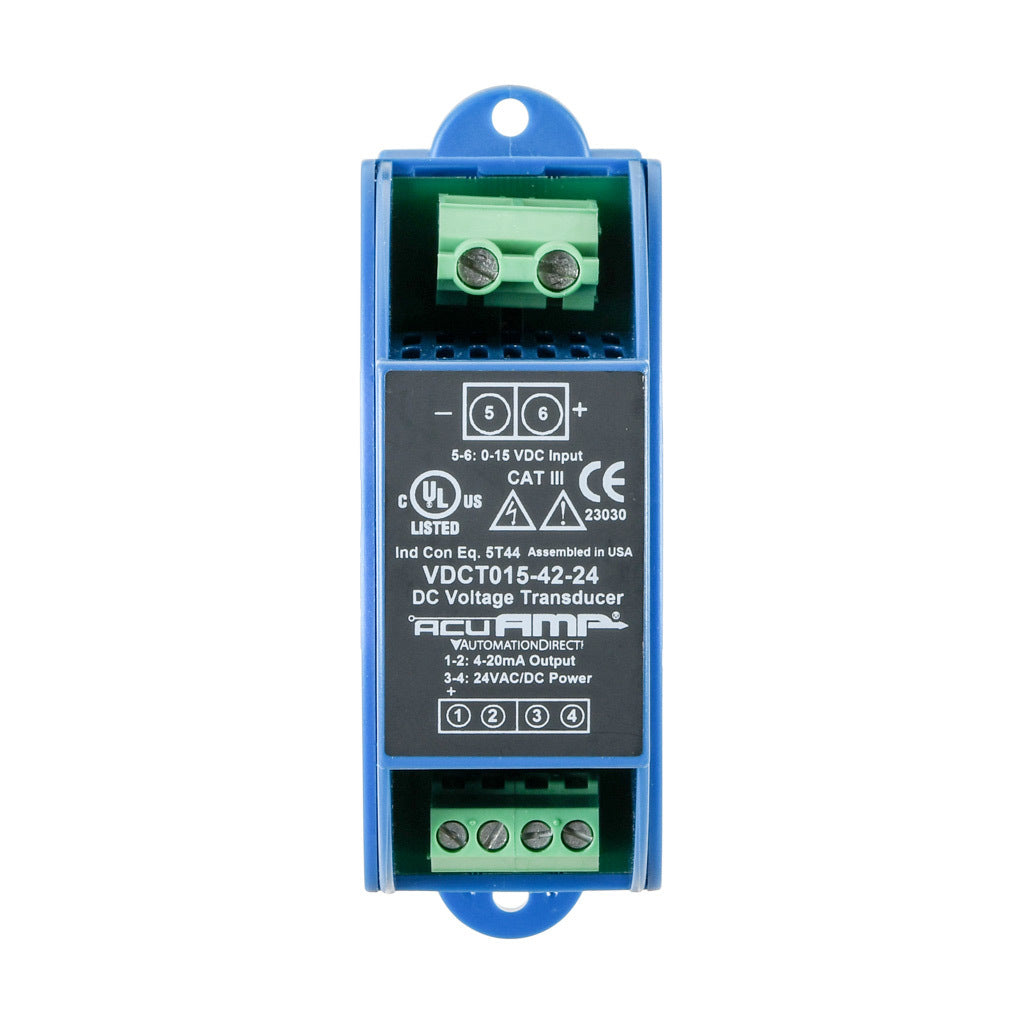 AcuAMP DC voltage transducer, 0-15 VDC sensing range, 4-20 mA output, 24 VAC/VDC operating voltage.-VDCT015-42-24