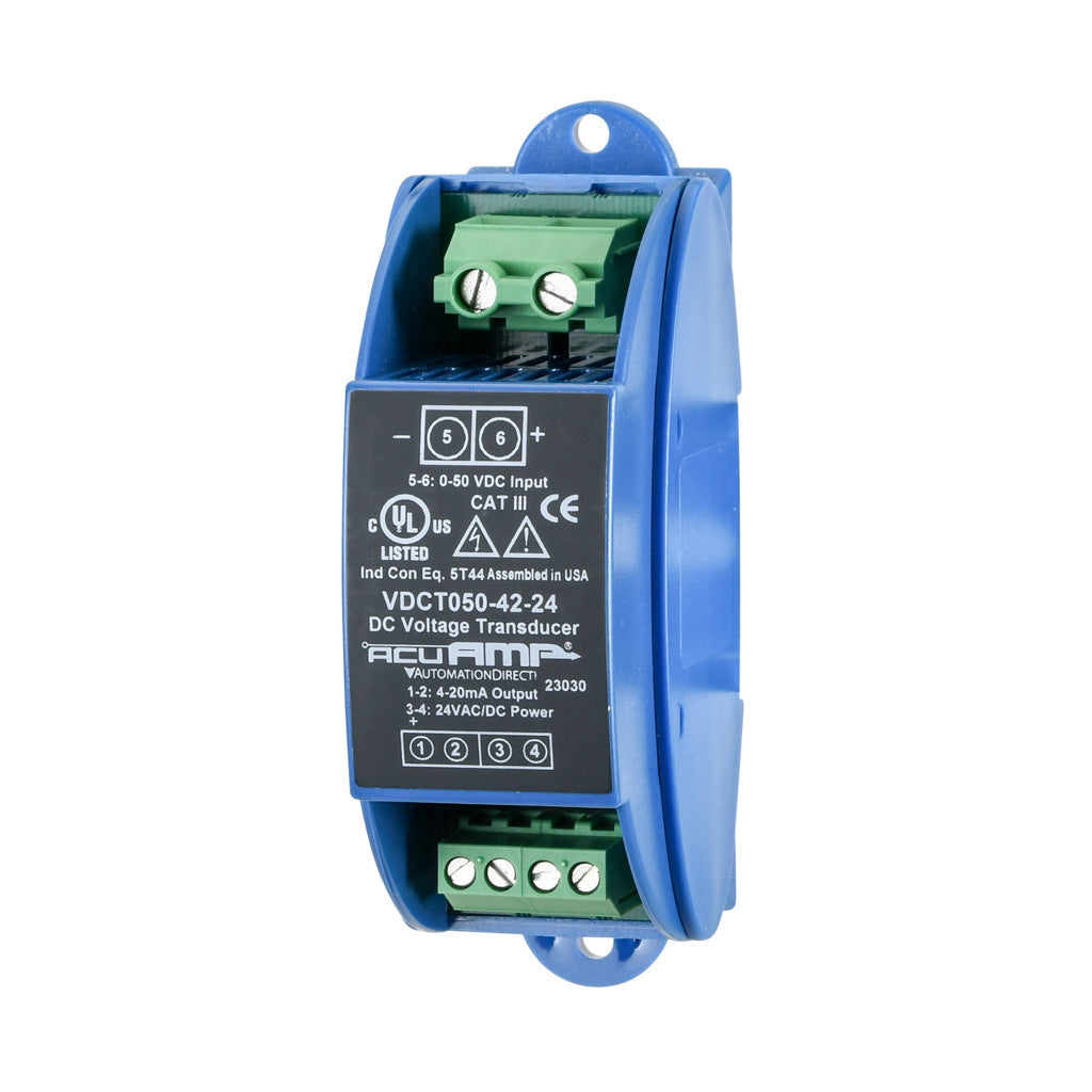 AcuAMP DC voltage transducer, 0-50 VDC sensing range, 4-20 mA output, 24 VAC/VDC operating voltage.-VDCT050-42-24