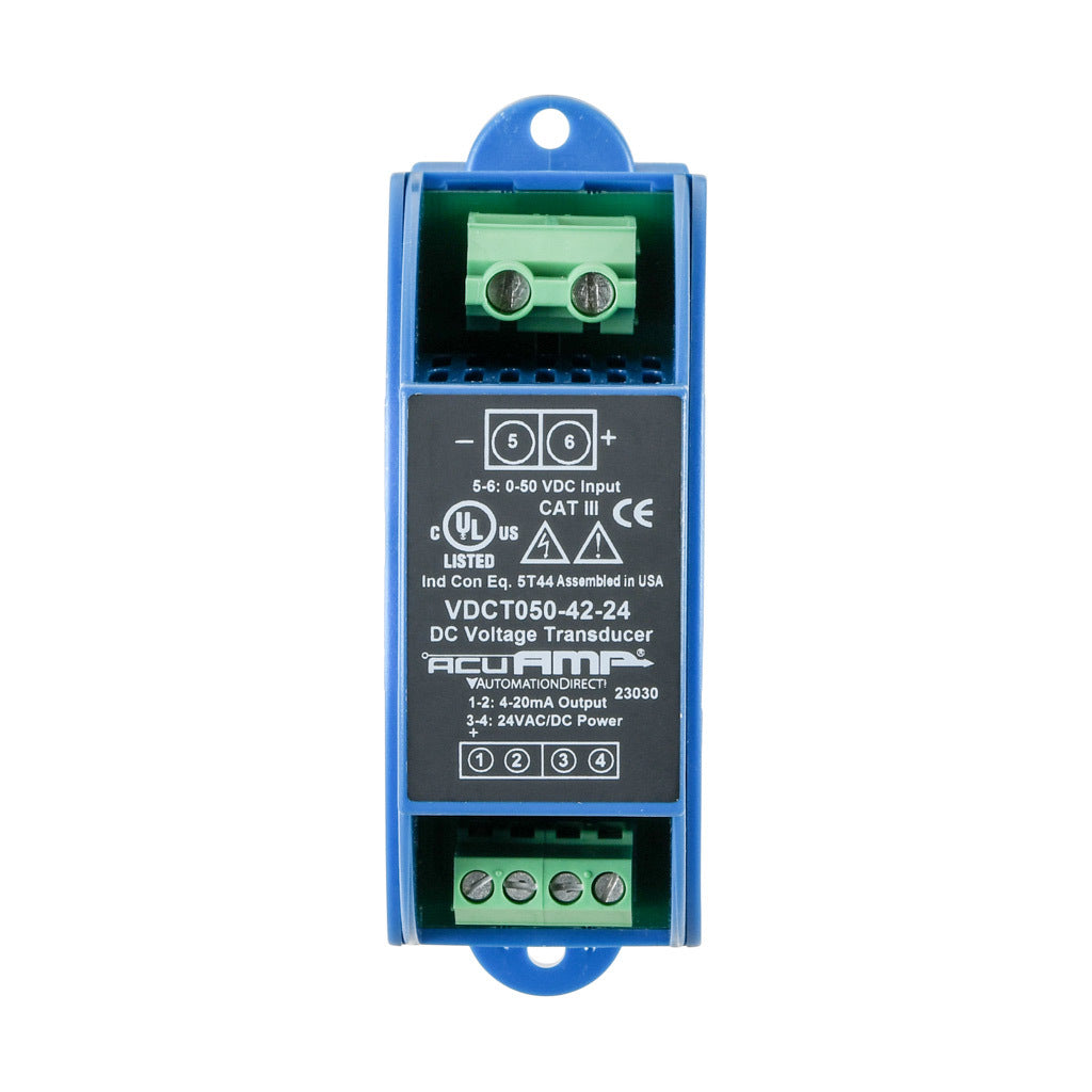 AcuAMP DC voltage transducer, 0-50 VDC sensing range, 4-20 mA output, 24 VAC/VDC operating voltage.-VDCT050-42-24