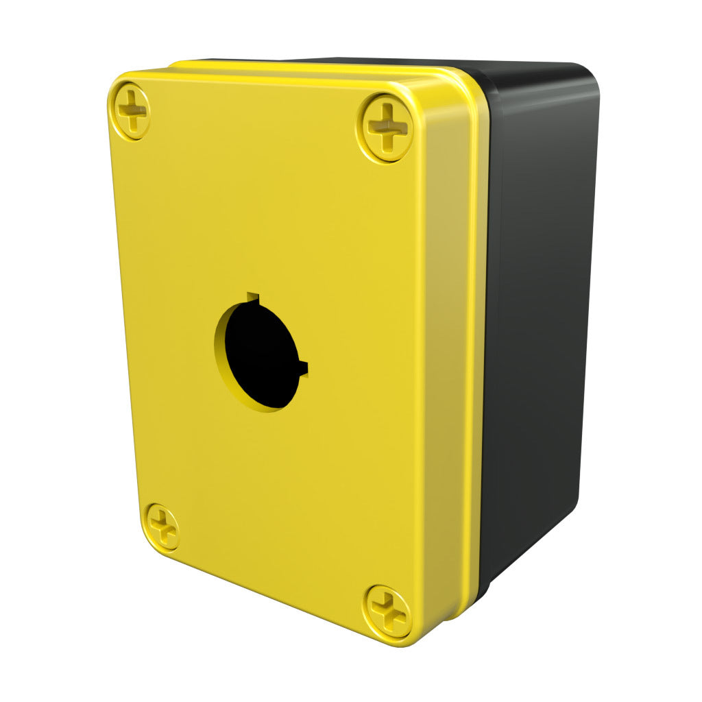 AttaBox Commander series pushbutton enclosure, 1 hole, 22mm, NEMA 1/3R/4X/6P/12, 4 x 3 x 2in (HxWxD), polycarbonate, yellow cover/black body, screw cover.-YW-COPC1PB22