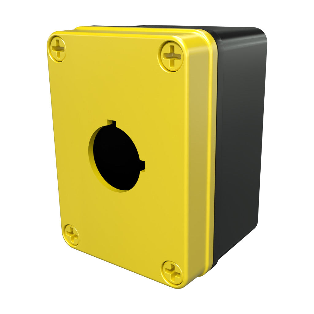 AttaBox Commander series pushbutton enclosure, 1 hole, 30mm, NEMA 1/3R/4X/6P/12, 4 x 3 x 2in (HxWxD), polycarbonate, yellow cover/black body, screw cover.-YW-COPC1PB