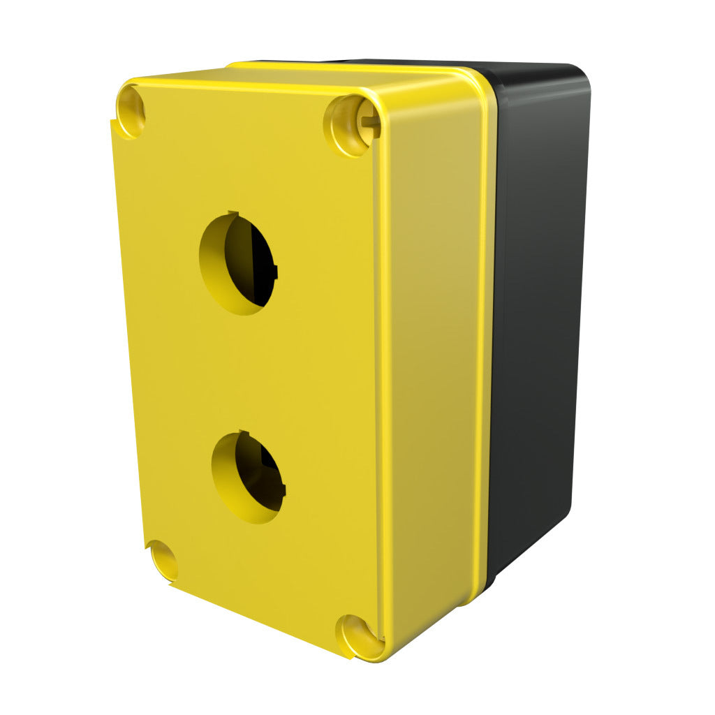 AttaBox Commander series pushbutton enclosure, 2 holes, 22mm, NEMA 1/3R/4X/6P/12, 5 x 3 x 3in (HxWxD), polycarbonate, yellow cover/black body, screw cover.-YW-COPC2PB22