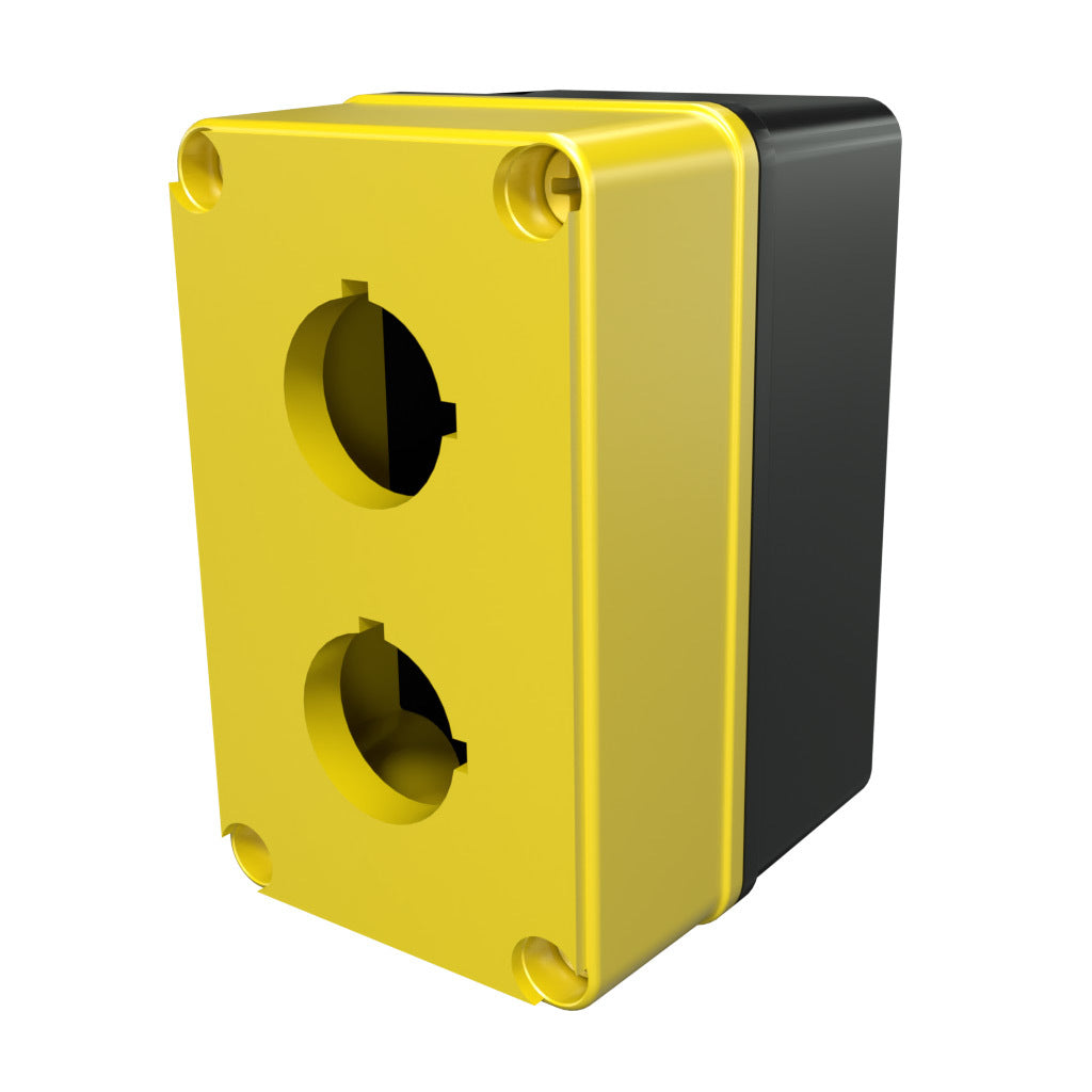 AttaBox Commander series pushbutton enclosure, 2 holes, 30mm, NEMA 1/3R/4X/6P/12, 5 x 3 x 3in (HxWxD), polycarbonate, yellow cover/black body, screw cover.-YW-COPC2PB